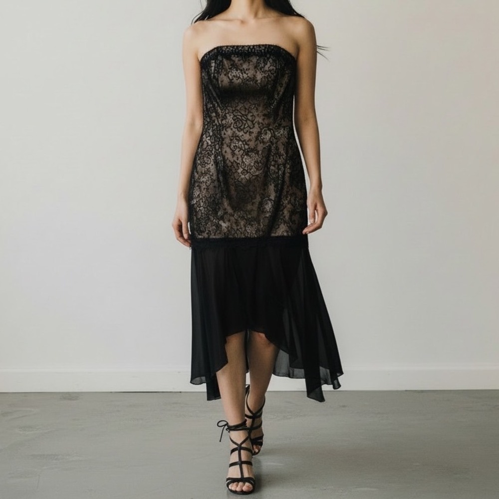 Vintage Jessica McClintock Lace and Chiffon Strapless Corset Dress Black size 4
